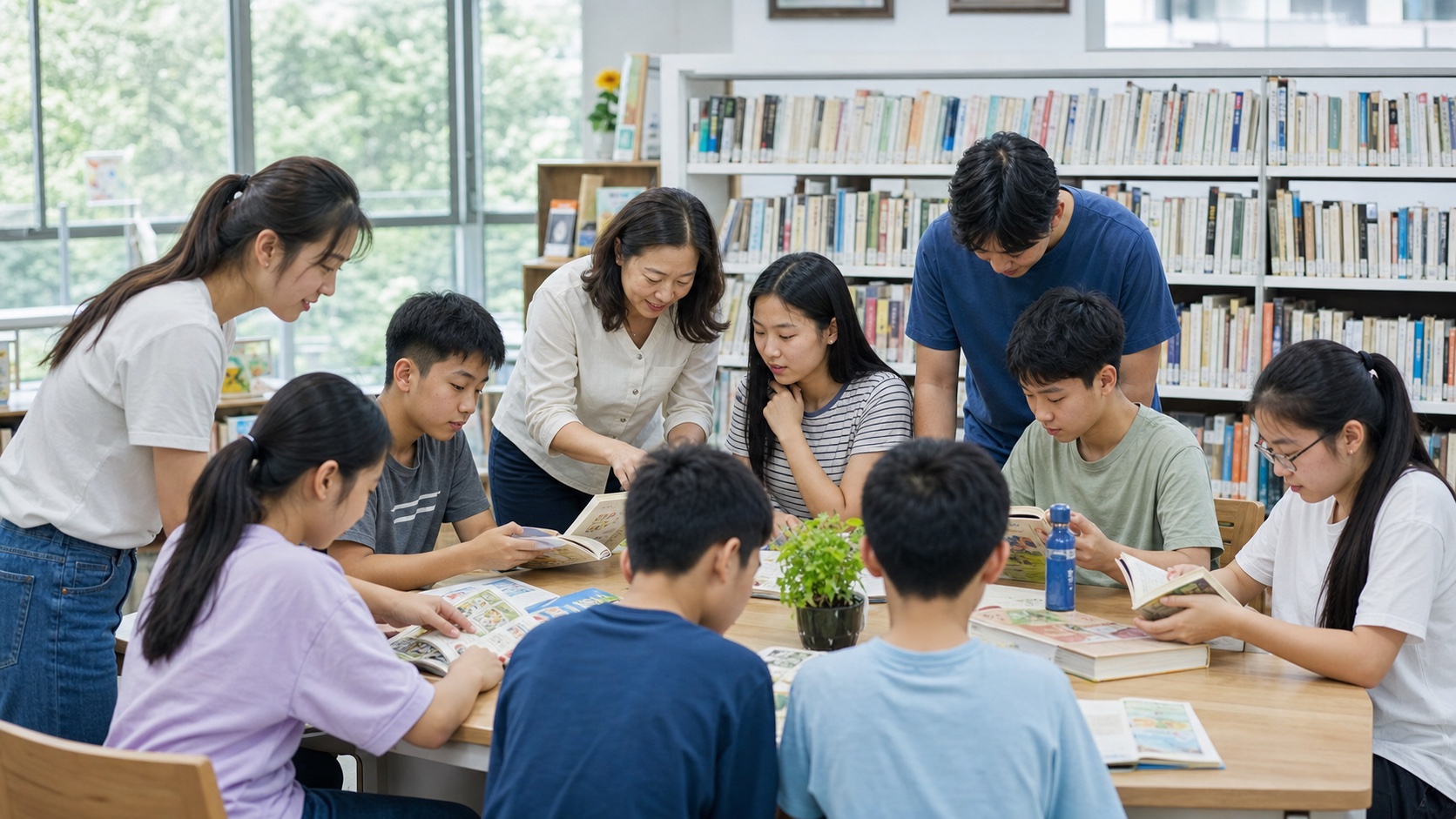 老师、志愿者与学生在社区图书馆共同阅读