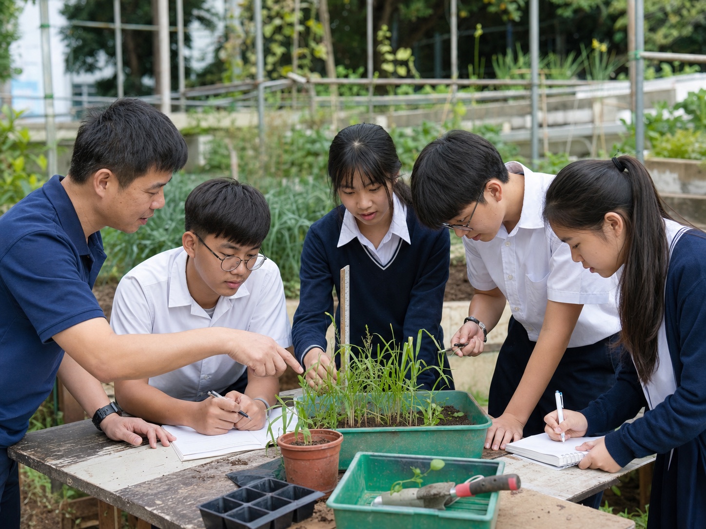 老师带领学生开展校园园艺学习项目